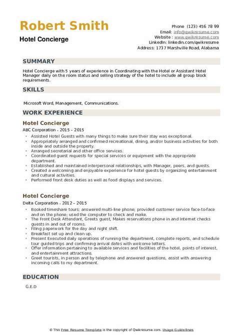 concierge resume|hotel concierge resume example.